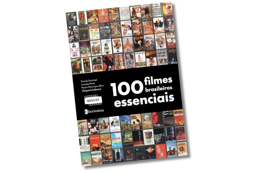 Capa do livro “100 filmes brasileiros essenciais”, da Abraccine e editora Literíssima, com mosaico de cartazes de filmes brasileiros