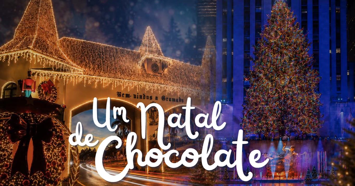 Arte do filme “Um Natal de Chocolate”: rua de Gramado iluminada no Natal ao lado de árvore natalina em Nova York